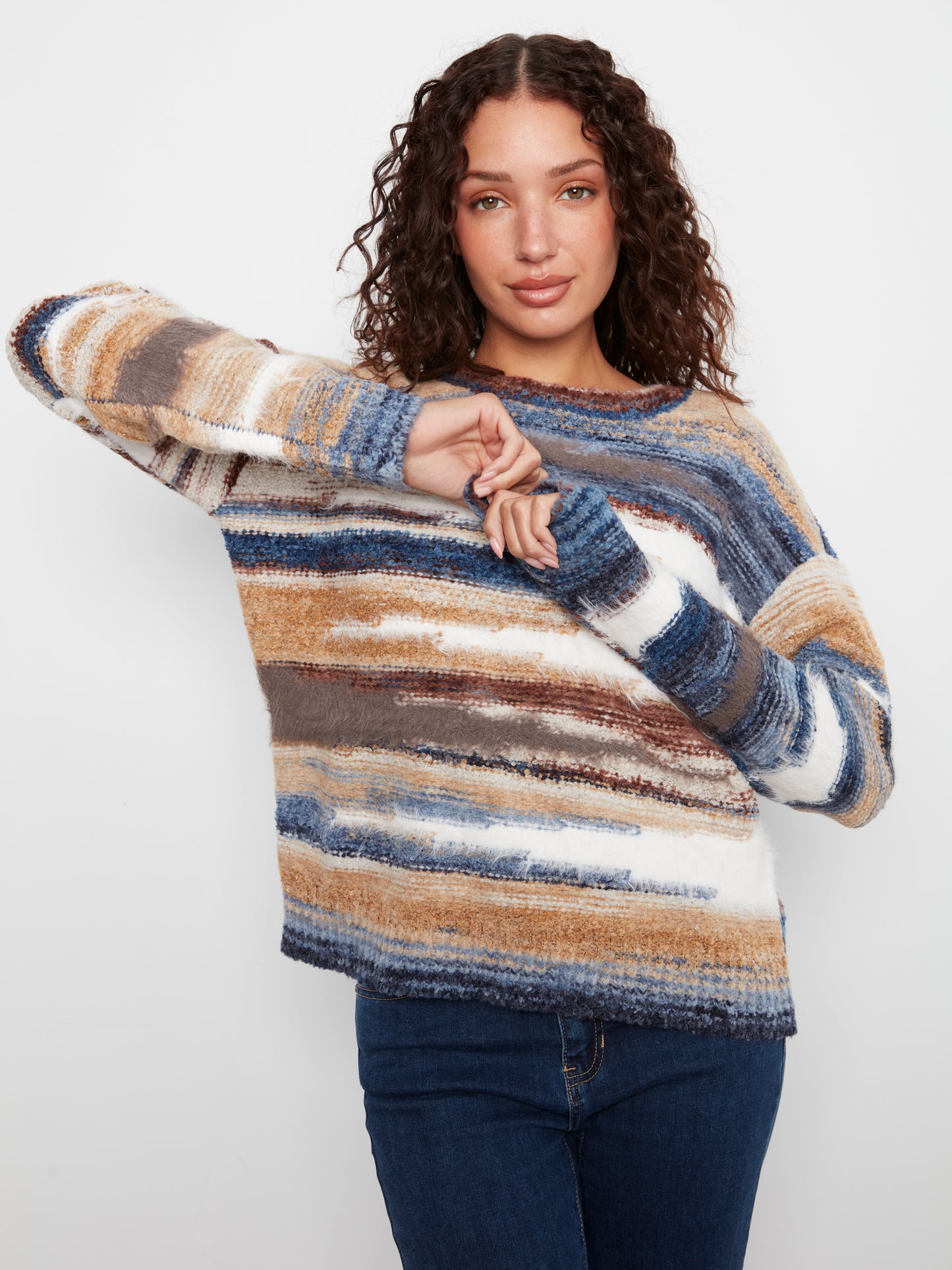 Charlie B Space Dye Hairy Knit Long Sleeve Crew Neck Drop Sleeve Sweater Moon C2070-748C-P685