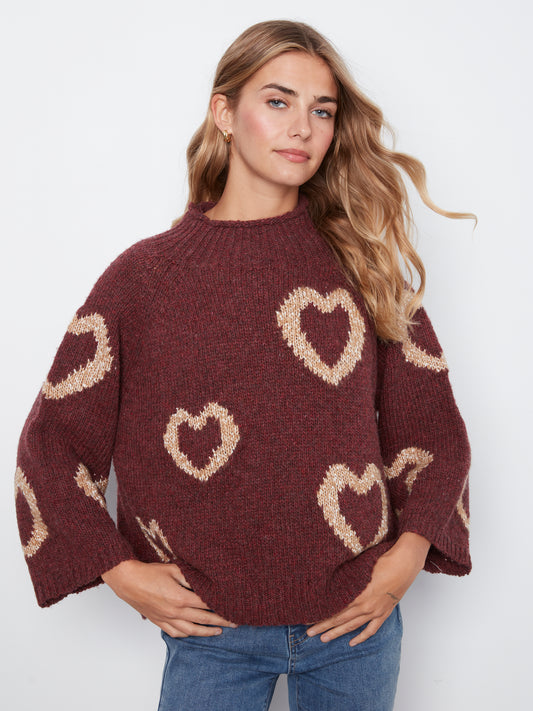 Charlie B High Neck Knit Sweater w/Heart Placement Merlot C2071-365C-P320
