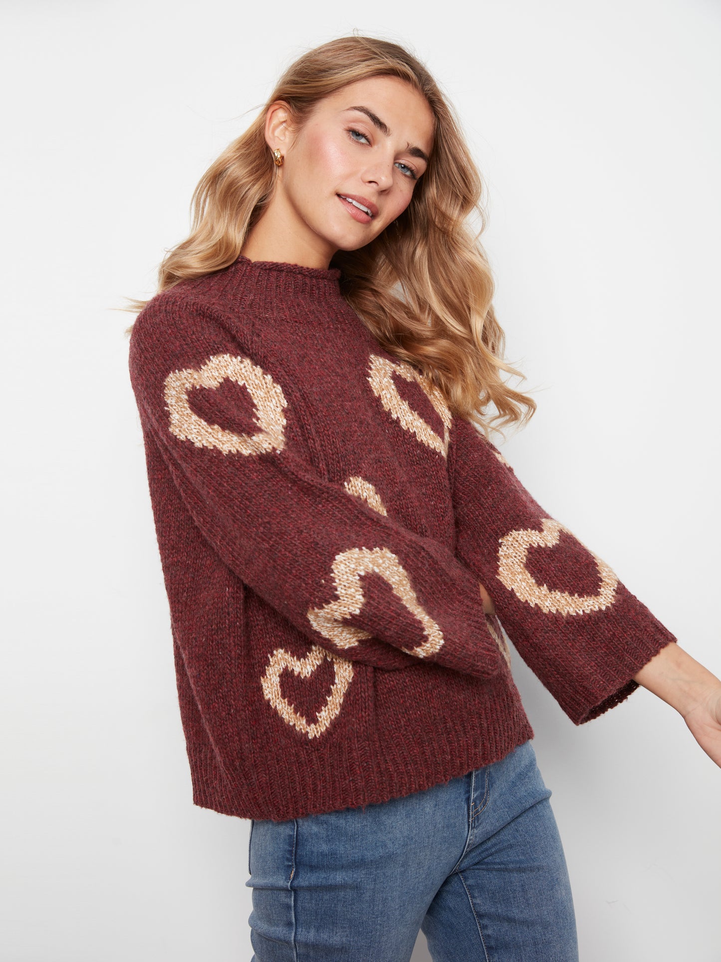 Charlie B High Neck Knit Sweater w/Heart Placement Merlot C2071-365C-P320