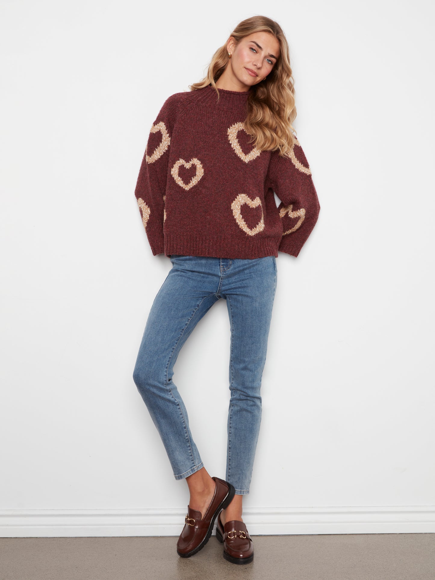 Charlie B High Neck Knit Sweater w/Heart Placement Merlot C2071-365C-P320