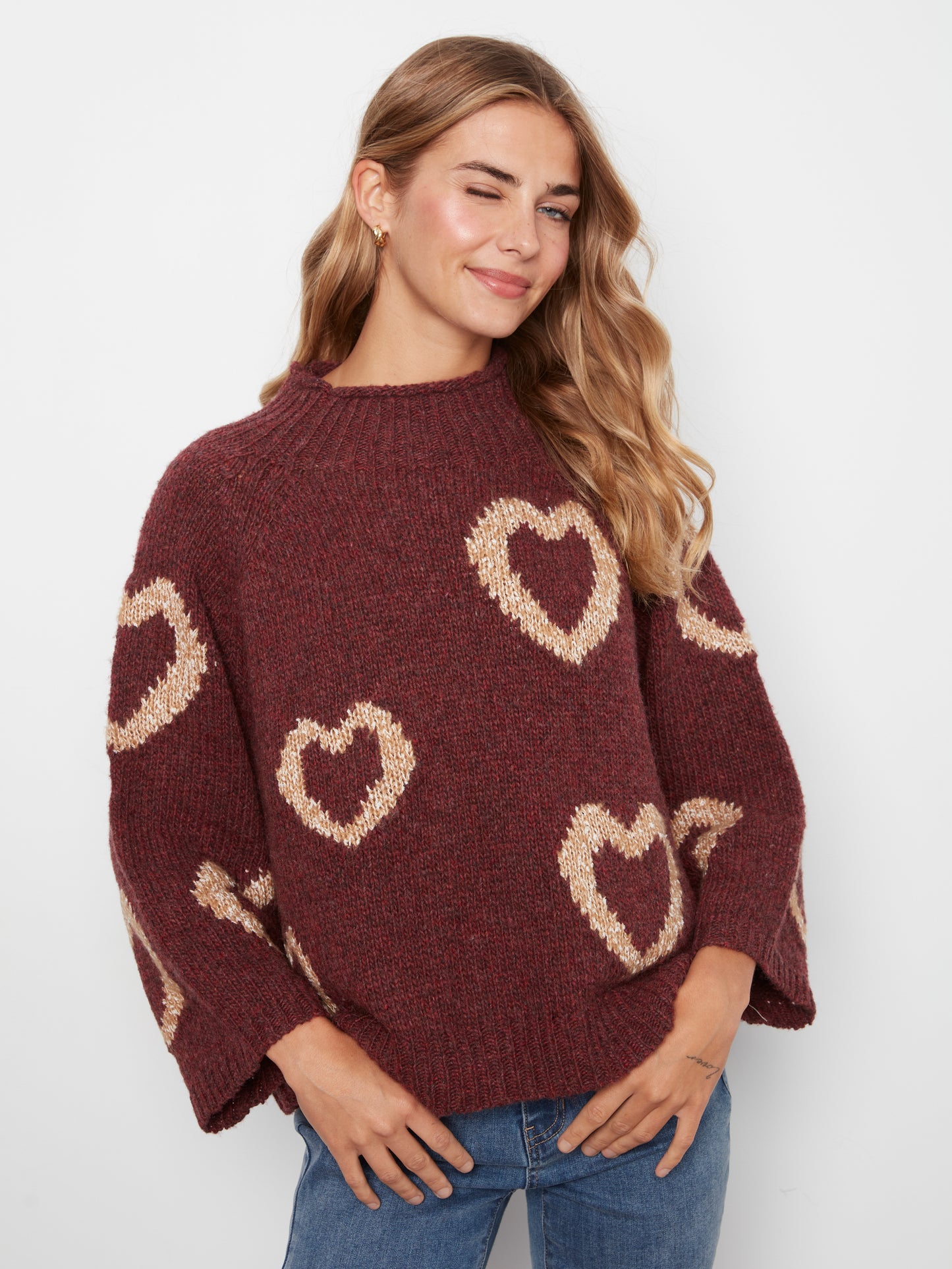 Charlie B High Neck Knit Sweater w/Heart Placement Merlot C2071-365C-P320