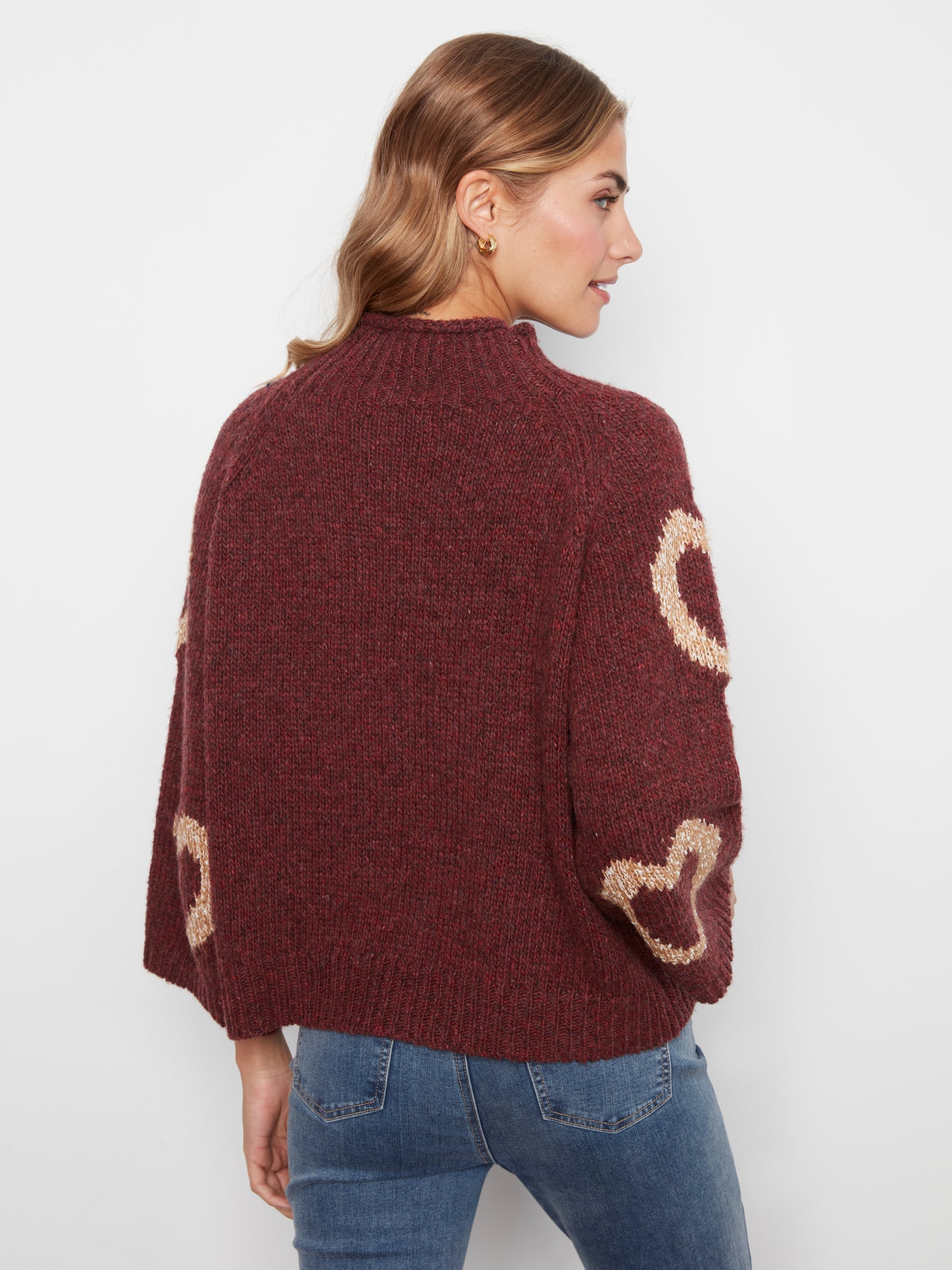 Charlie B High Neck Knit Sweater w/Heart Placement Merlot C2071-365C-P320