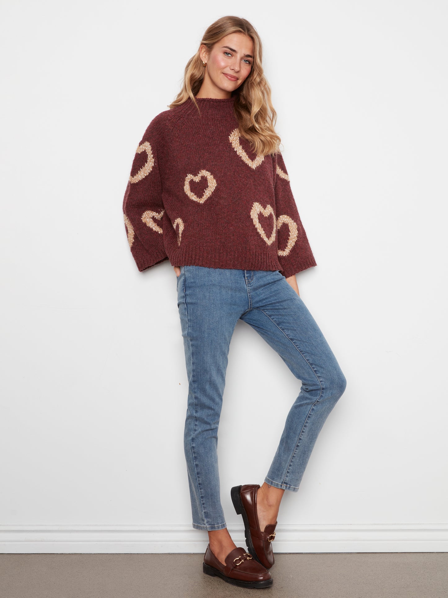 Charlie B High Neck Knit Sweater w/Heart Placement Merlot C2071-365C-P320