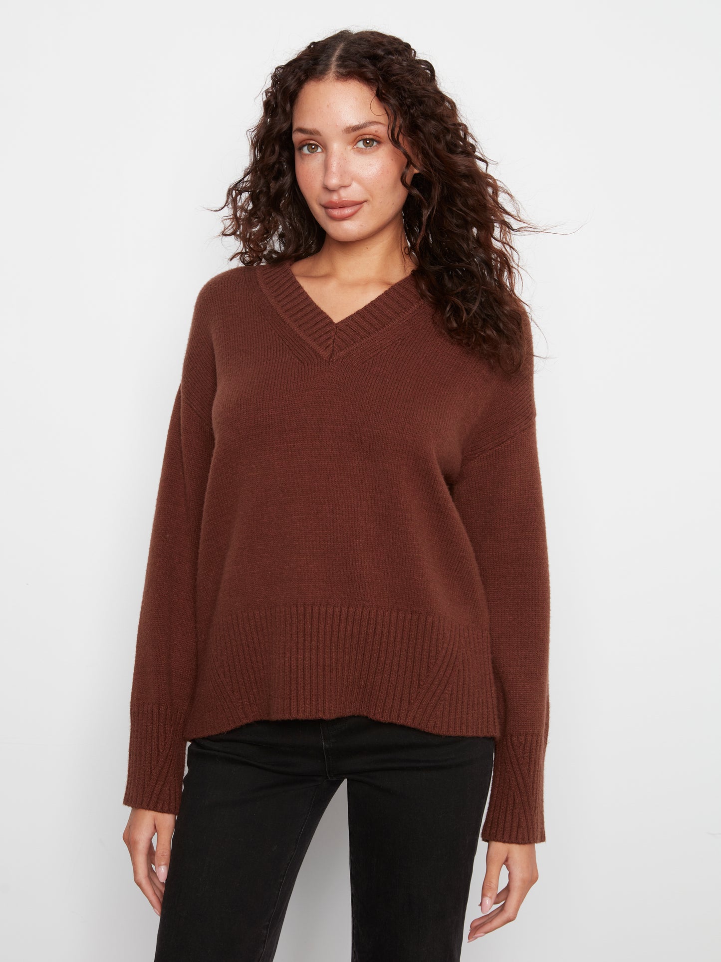 Charlie B Long Sleeve Drop Shoulder V Neck Sweater w/Fully Fashion Rib Detail Heather Brown C2127-974A-968