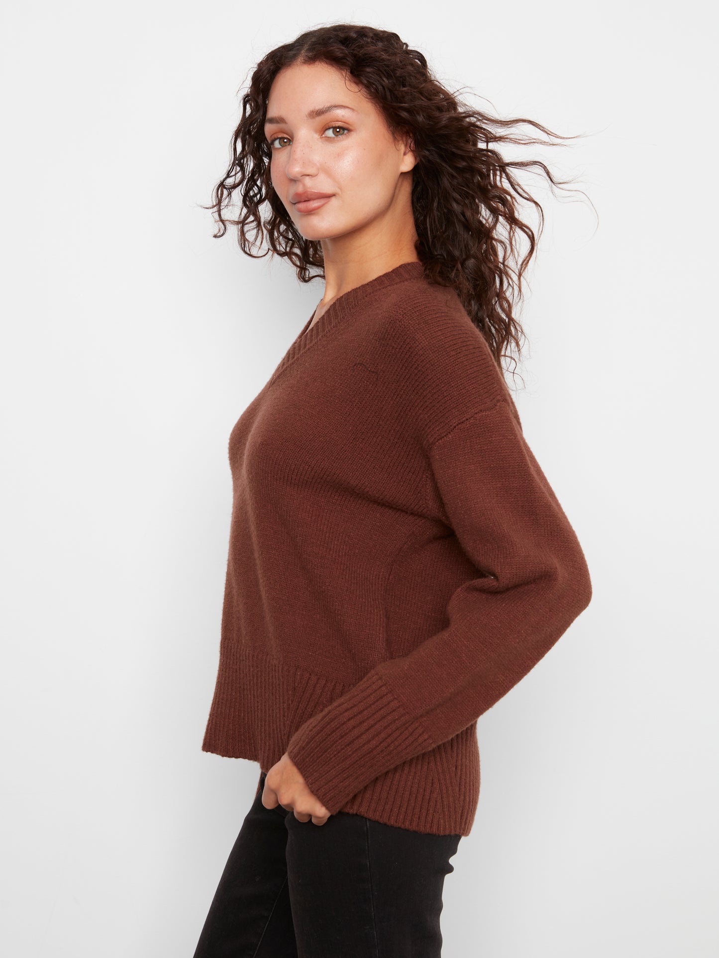 Charlie B Long Sleeve Drop Shoulder V Neck Sweater w/Fully Fashion Rib Detail Heather Brown C2127-974A-968