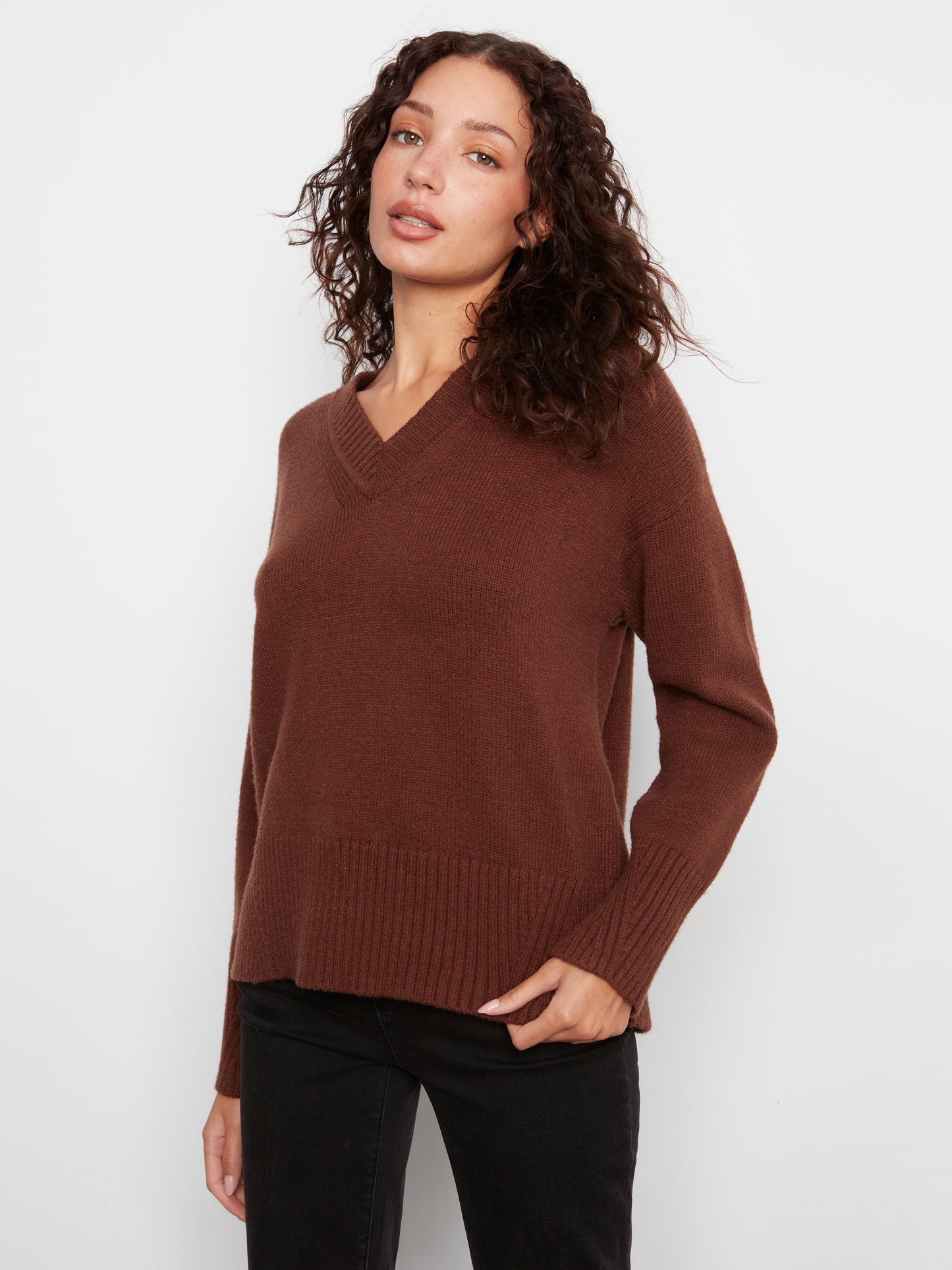 Charlie B Long Sleeve Drop Shoulder V Neck Sweater w/Fully Fashion Rib Detail Heather Brown C2127-974A-968