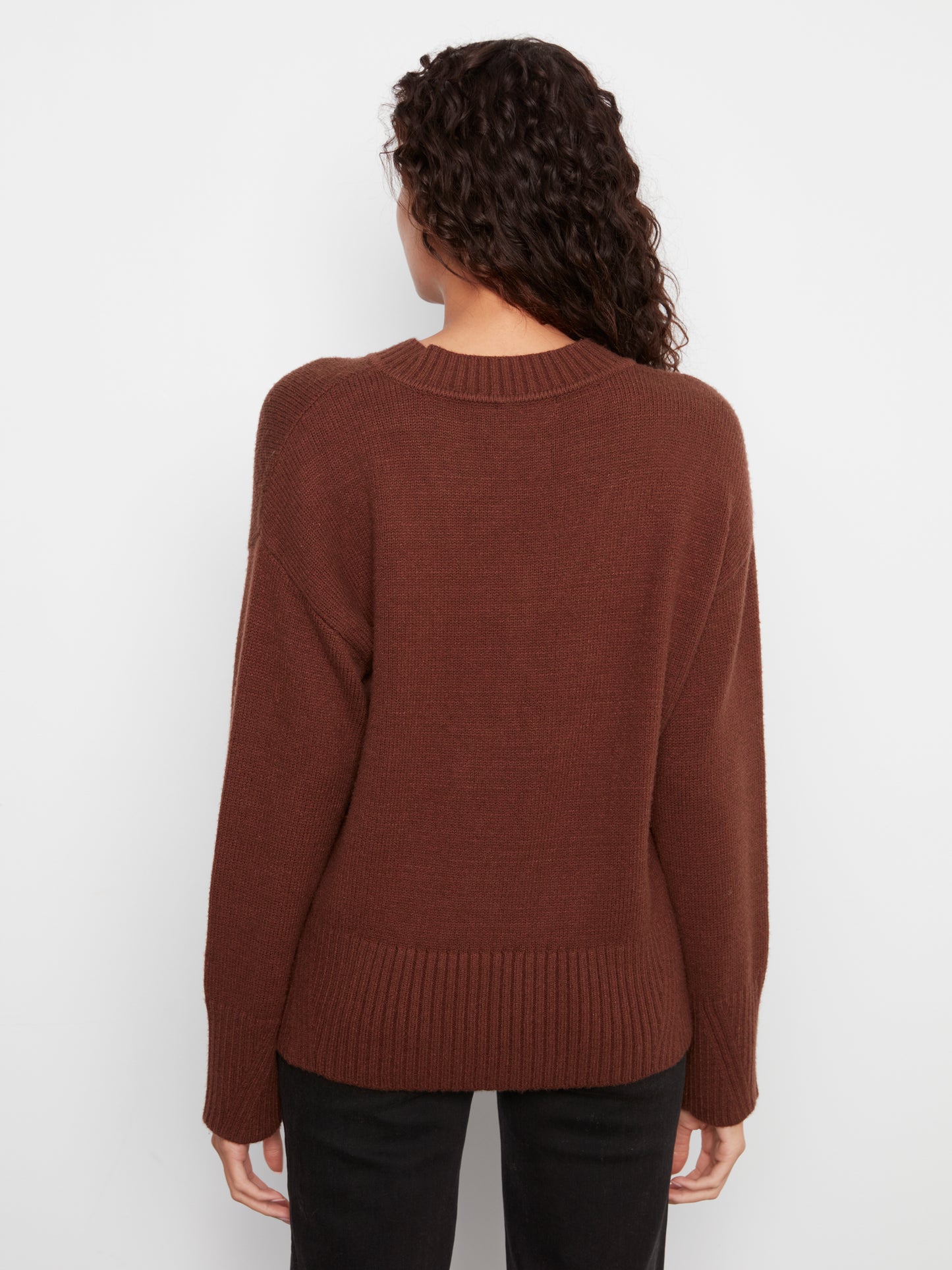 Charlie B Long Sleeve Drop Shoulder V Neck Sweater w/Fully Fashion Rib Detail Heather Brown C2127-974A-968