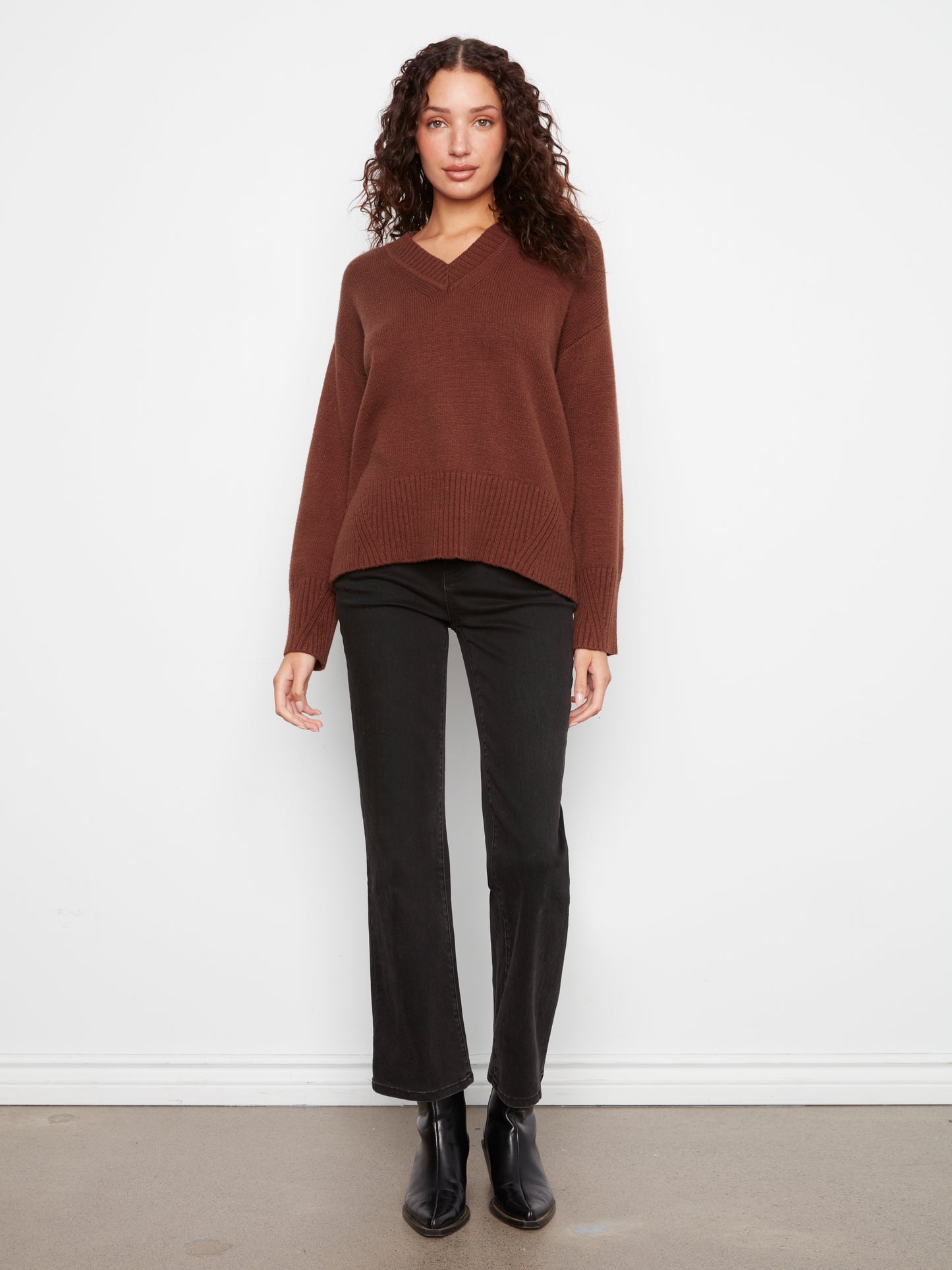 Charlie B Long Sleeve Drop Shoulder V Neck Sweater w/Fully Fashion Rib Detail Heather Brown C2127-974A-968