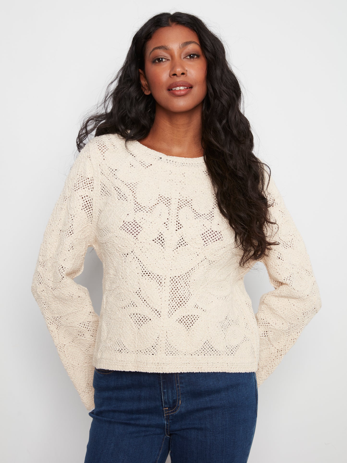 Charlie B Long Sleeve Crochet Cardigan Wear 2 Ways Reversible Natural C2151-797C-100
