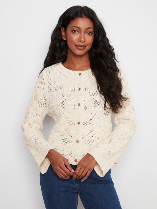 Charlie B Long Sleeve Crochet Cardigan Wear 2 Ways Reversible Natural C2151-797C-100