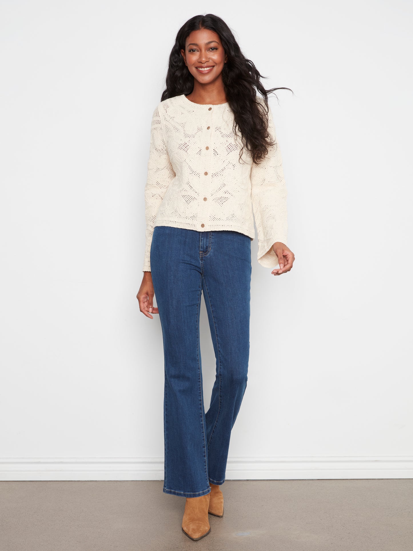 Charlie B Long Sleeve Crochet Cardigan Wear 2 Ways Reversible Natural C2151-797C-100