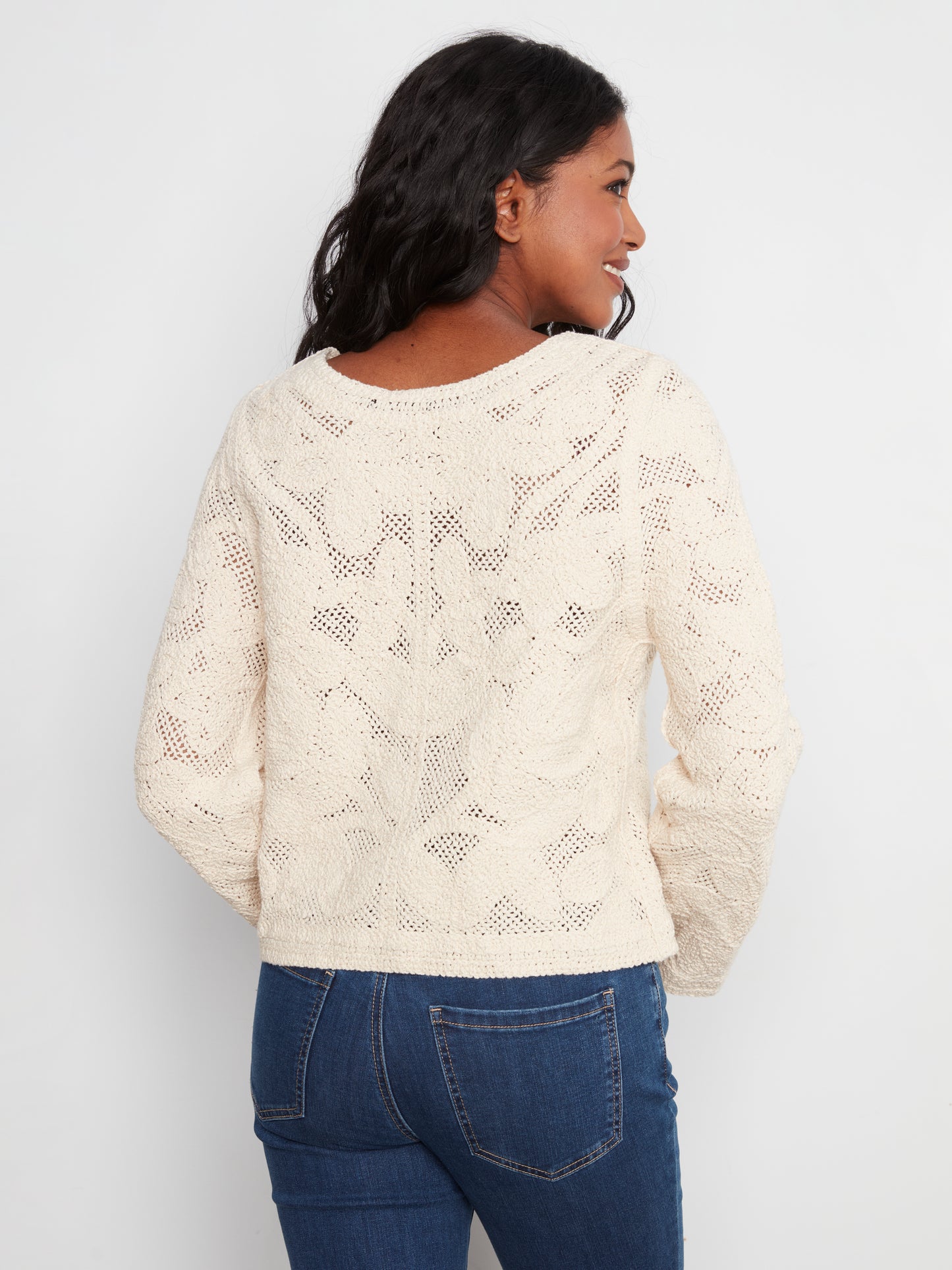 Charlie B Long Sleeve Crochet Cardigan Wear 2 Ways Reversible Natural C2151-797C-100