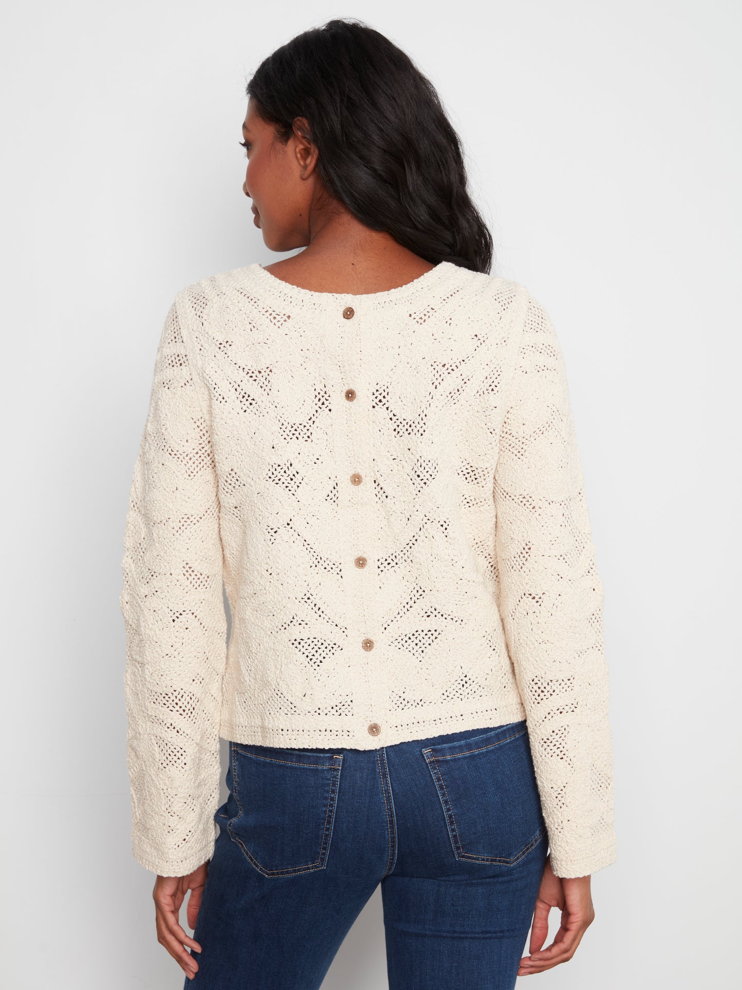 Charlie B Long Sleeve Crochet Cardigan Wear 2 Ways Reversible Natural C2151-797C-100