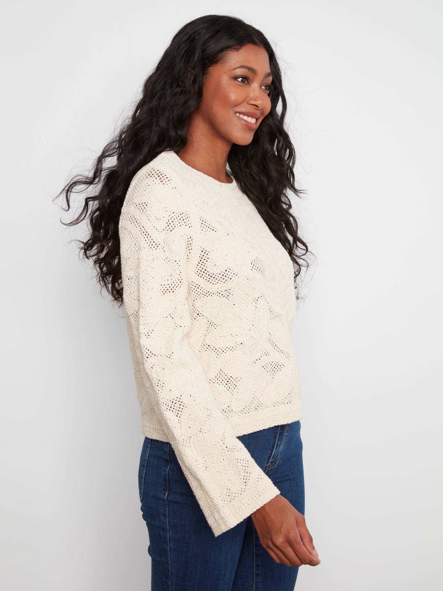 Charlie B Long Sleeve Crochet Cardigan Wear 2 Ways Reversible Natural C2151-797C-100