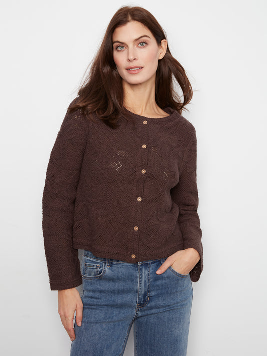 Charlie B Long Sleeve Crochet Cardigan Wear 2 Ways Reversible Coffee C2151-797C-413