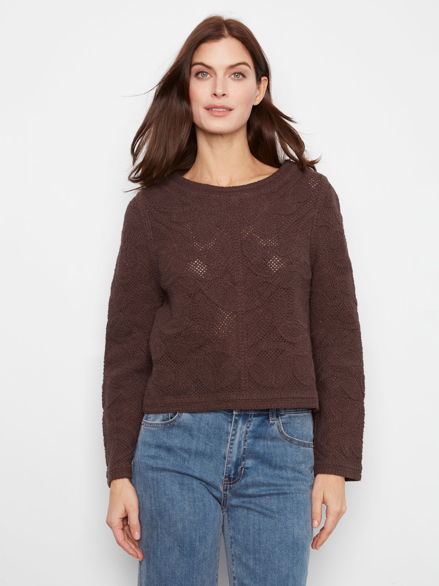 Charlie B Long Sleeve Crochet Cardigan Wear 2 Ways Reversible Coffee C2151-797C-413