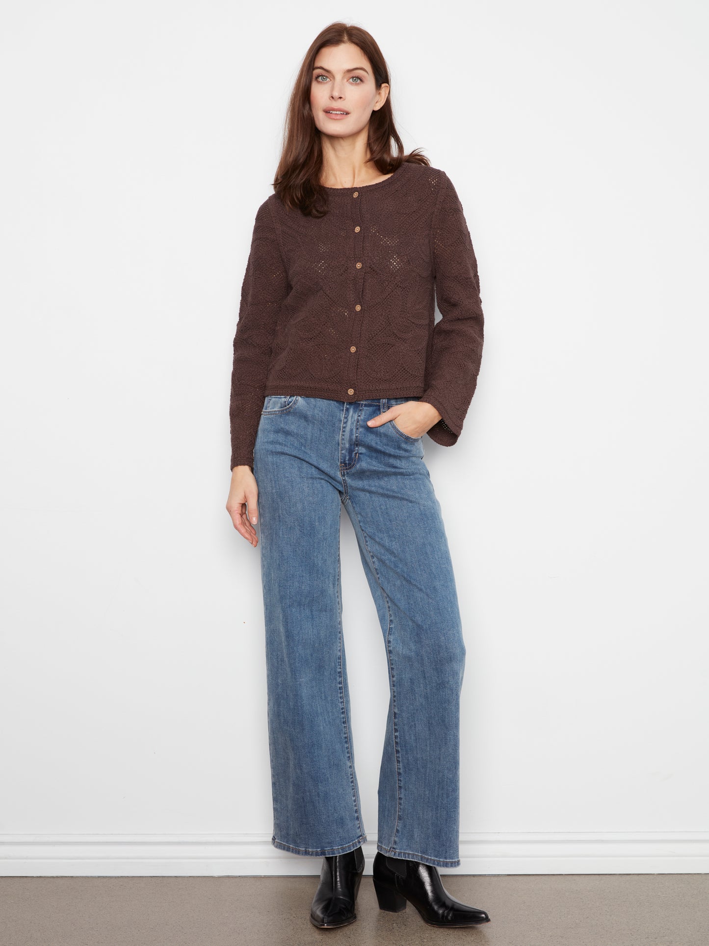 Charlie B Long Sleeve Crochet Cardigan Wear 2 Ways Reversible Coffee C2151-797C-413