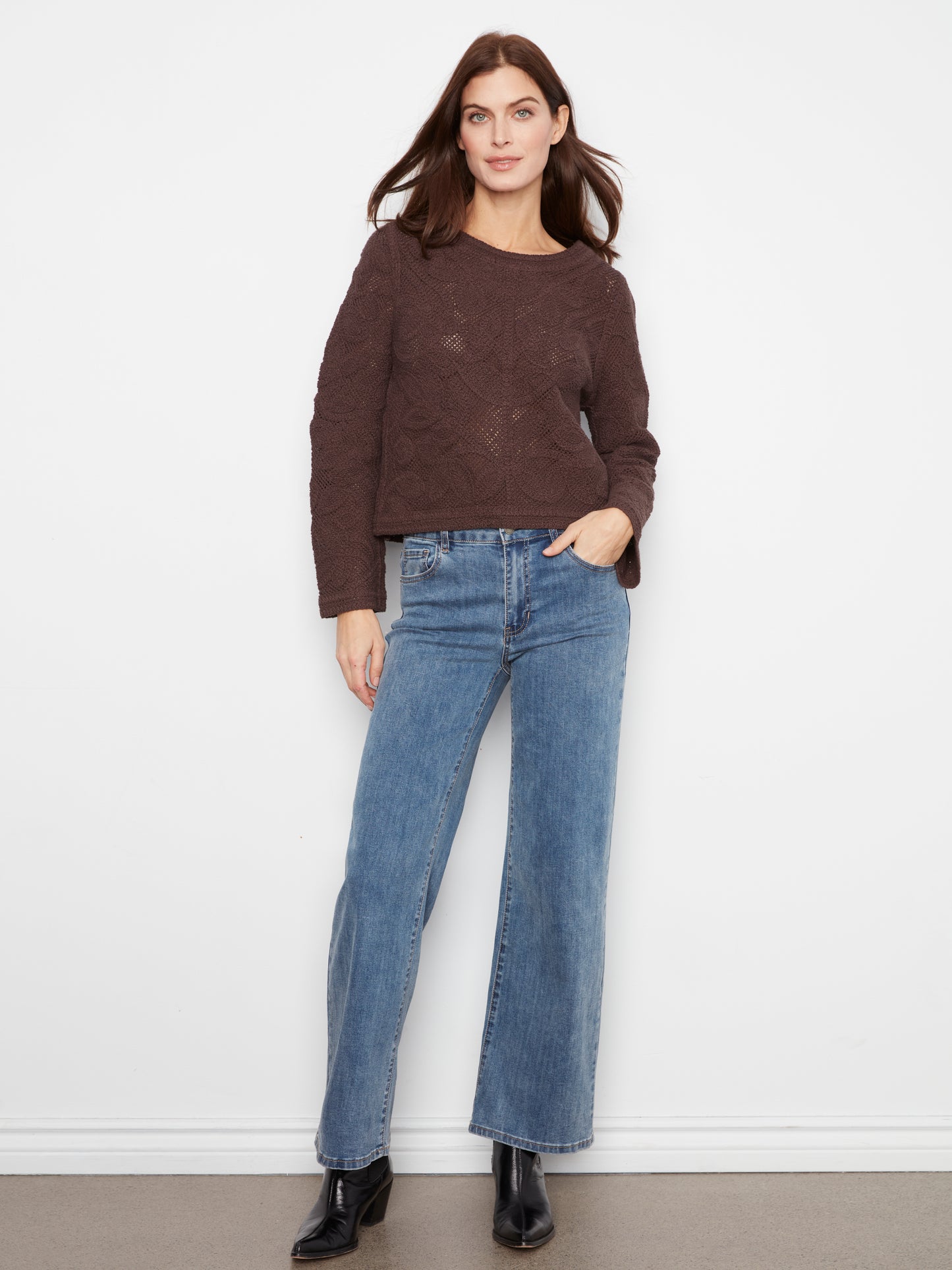 Charlie B Long Sleeve Crochet Cardigan Wear 2 Ways Reversible Coffee C2151-797C-413