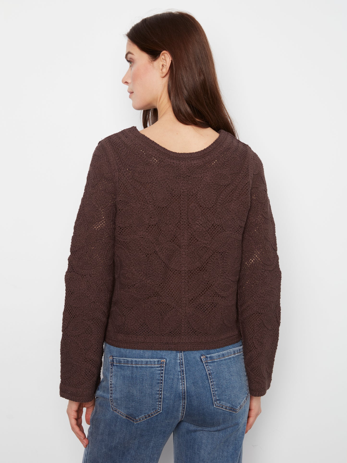 Charlie B Long Sleeve Crochet Cardigan Wear 2 Ways Reversible Coffee C2151-797C-413