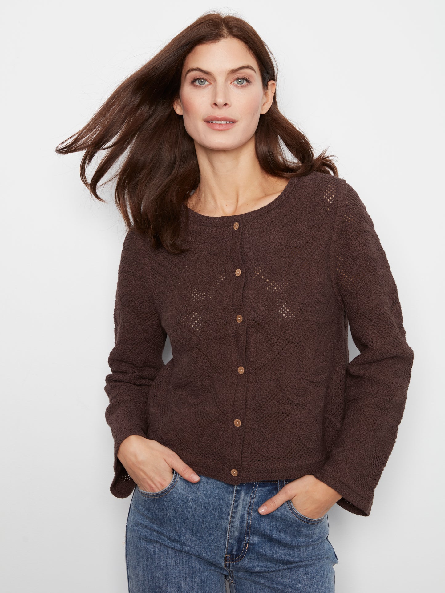 Charlie B Long Sleeve Crochet Cardigan Wear 2 Ways Reversible Coffee C2151-797C-413