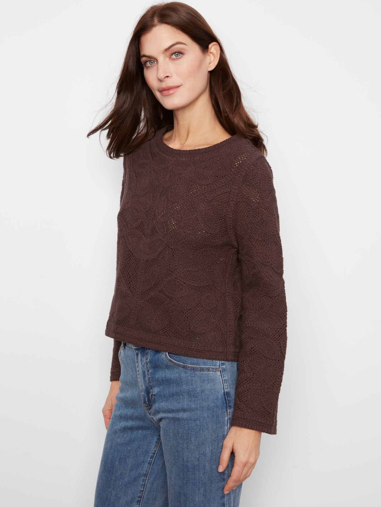 Charlie B Long Sleeve Crochet Cardigan Wear 2 Ways Reversible Coffee C2151-797C-413