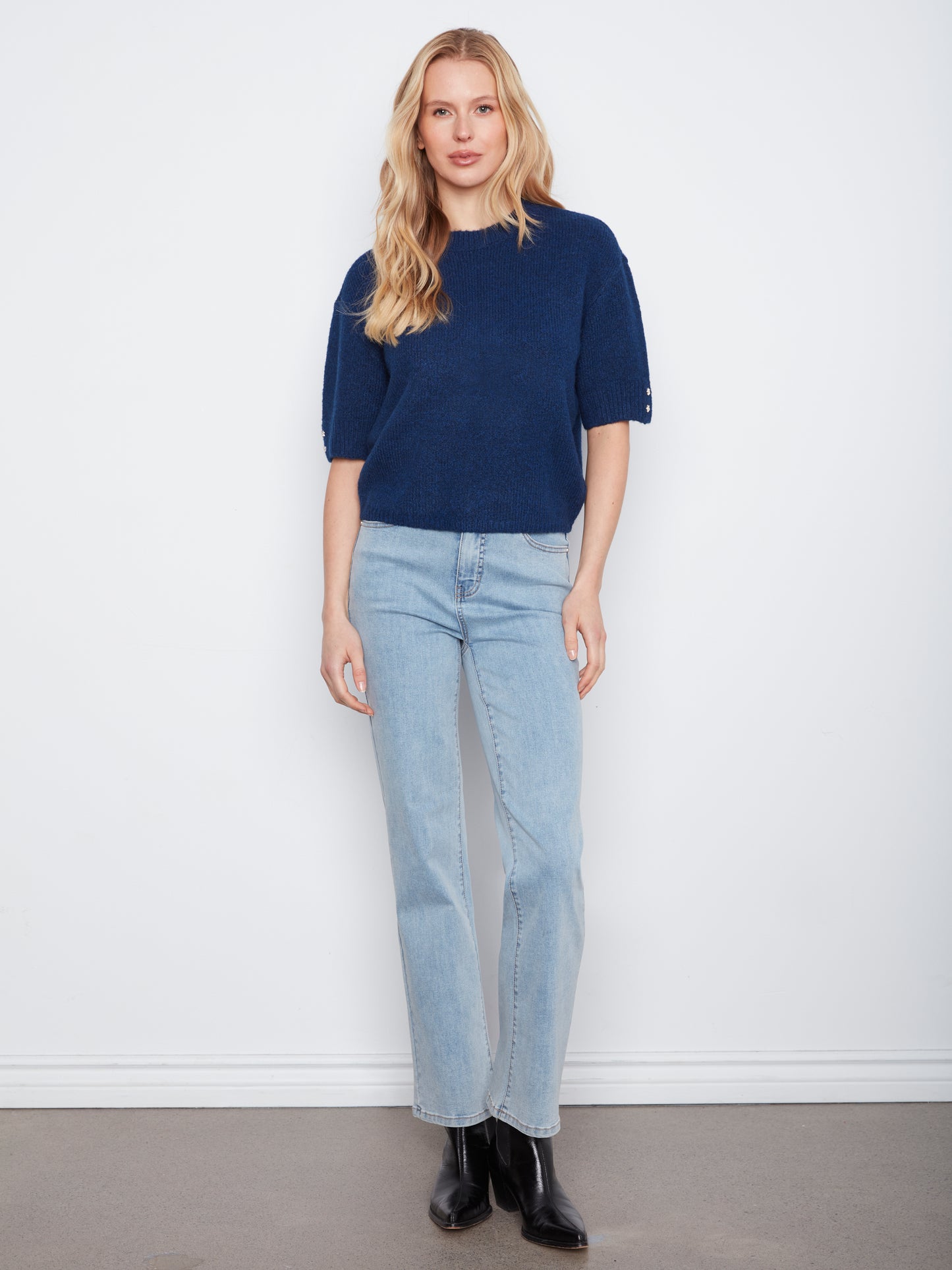 Charlie B Elbow Sleeve Mock Neck Sweater w/Buttons Detail at Cuff Cobalt C2160-690C-330