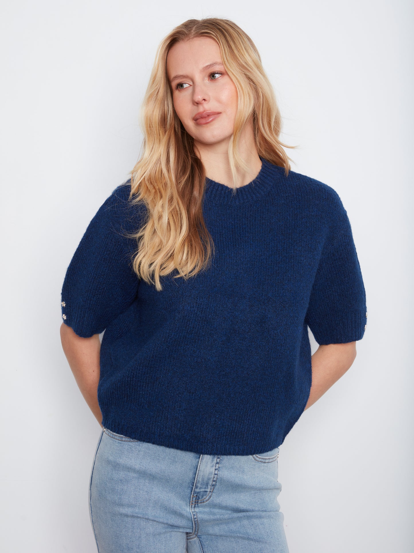 Charlie B Elbow Sleeve Mock Neck Sweater w/Buttons Detail at Cuff Cobalt C2160-690C-330