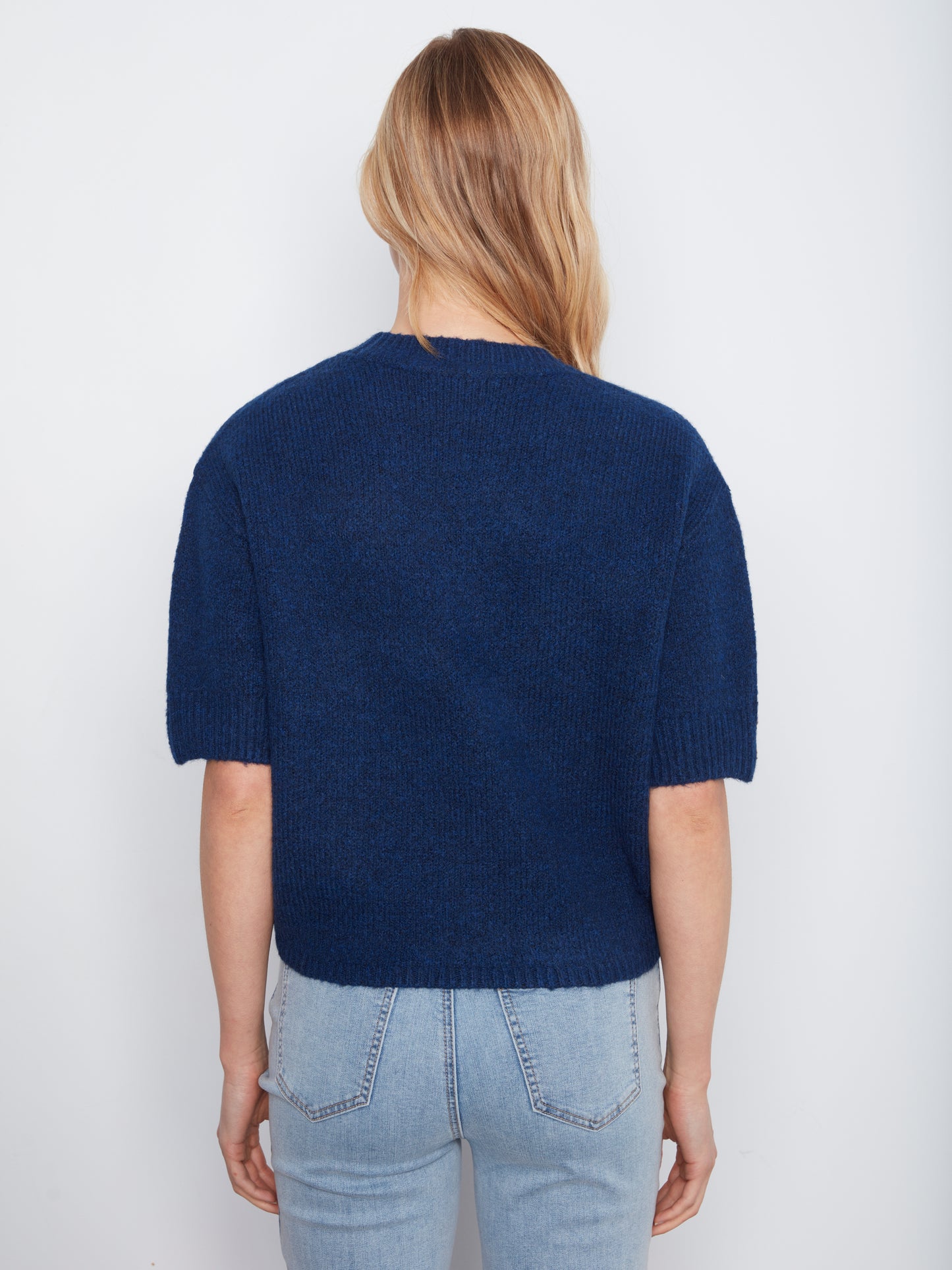 Charlie B Elbow Sleeve Mock Neck Sweater w/Buttons Detail at Cuff Cobalt C2160-690C-330