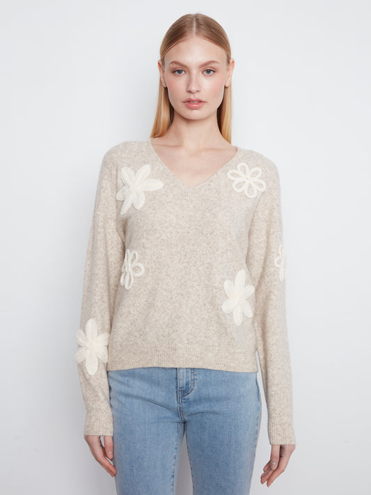 Charlie B Long Sleeve V Neck Sweater w/Flower Appliques H-Almond C2163-808C-P530