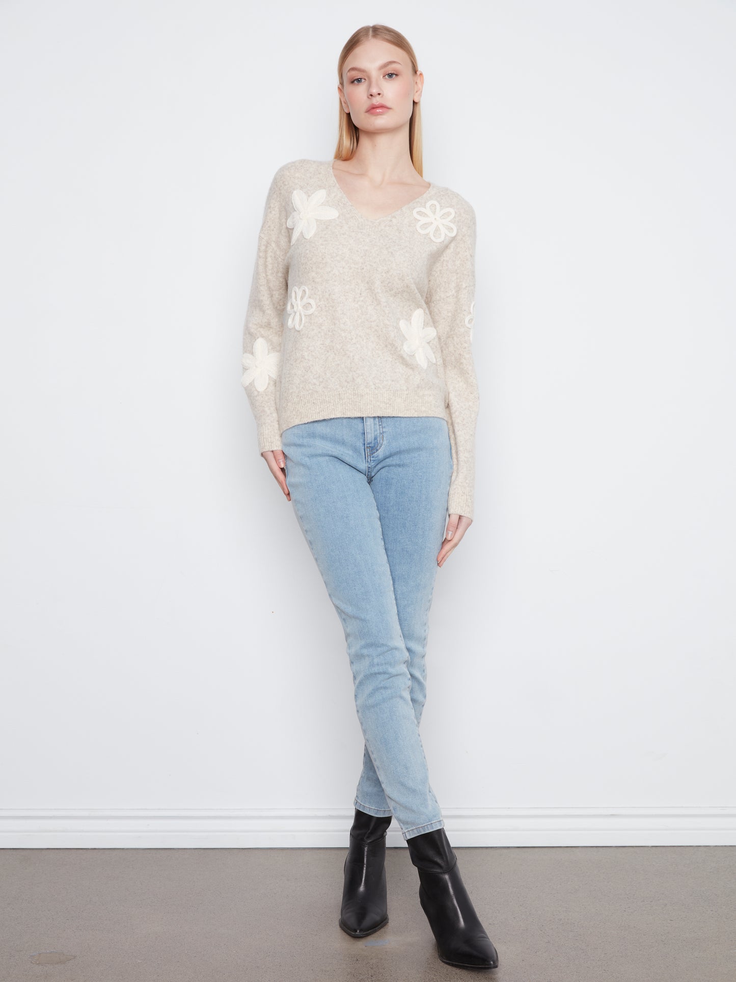 Charlie B Long Sleeve V Neck Sweater w/Flower Appliques H-Almond C2163-808C-P530