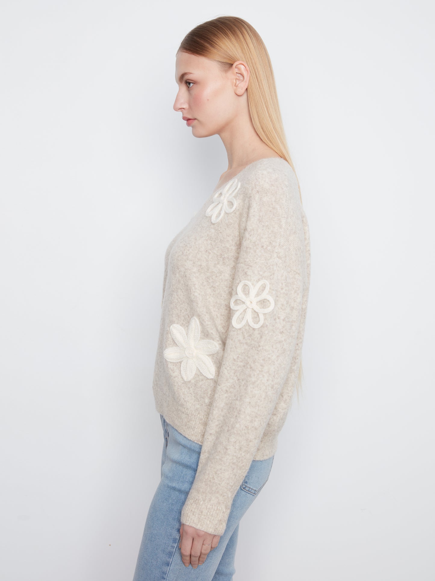 Charlie B Long Sleeve V Neck Sweater w/Flower Appliques H-Almond C2163-808C-P530