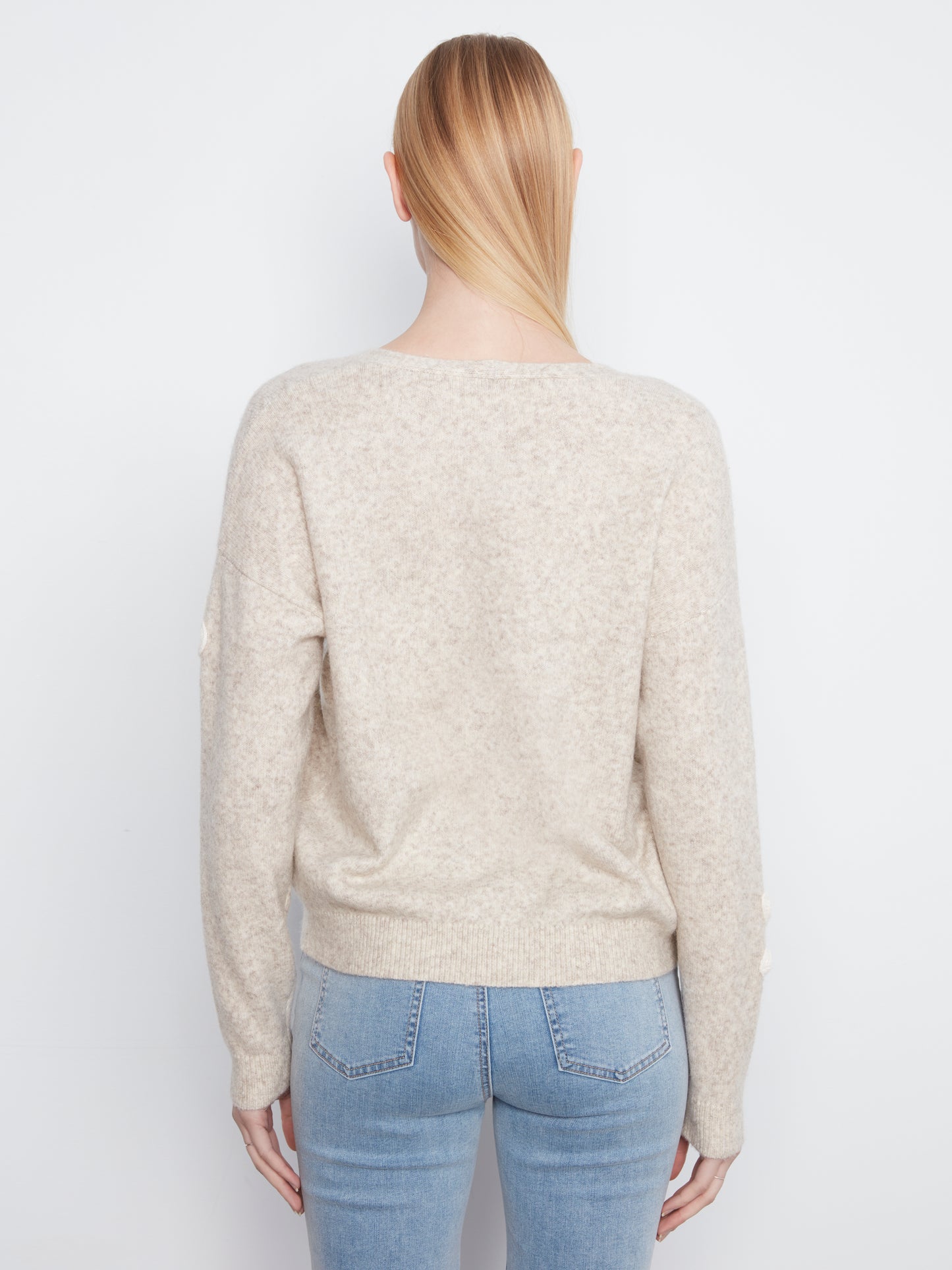 Charlie B Long Sleeve V Neck Sweater w/Flower Appliques H-Almond C2163-808C-P530