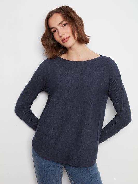 Charlie B Knit Sweater w/Back Lace-Up Detail Heather Denim C2170ZR-464A-011