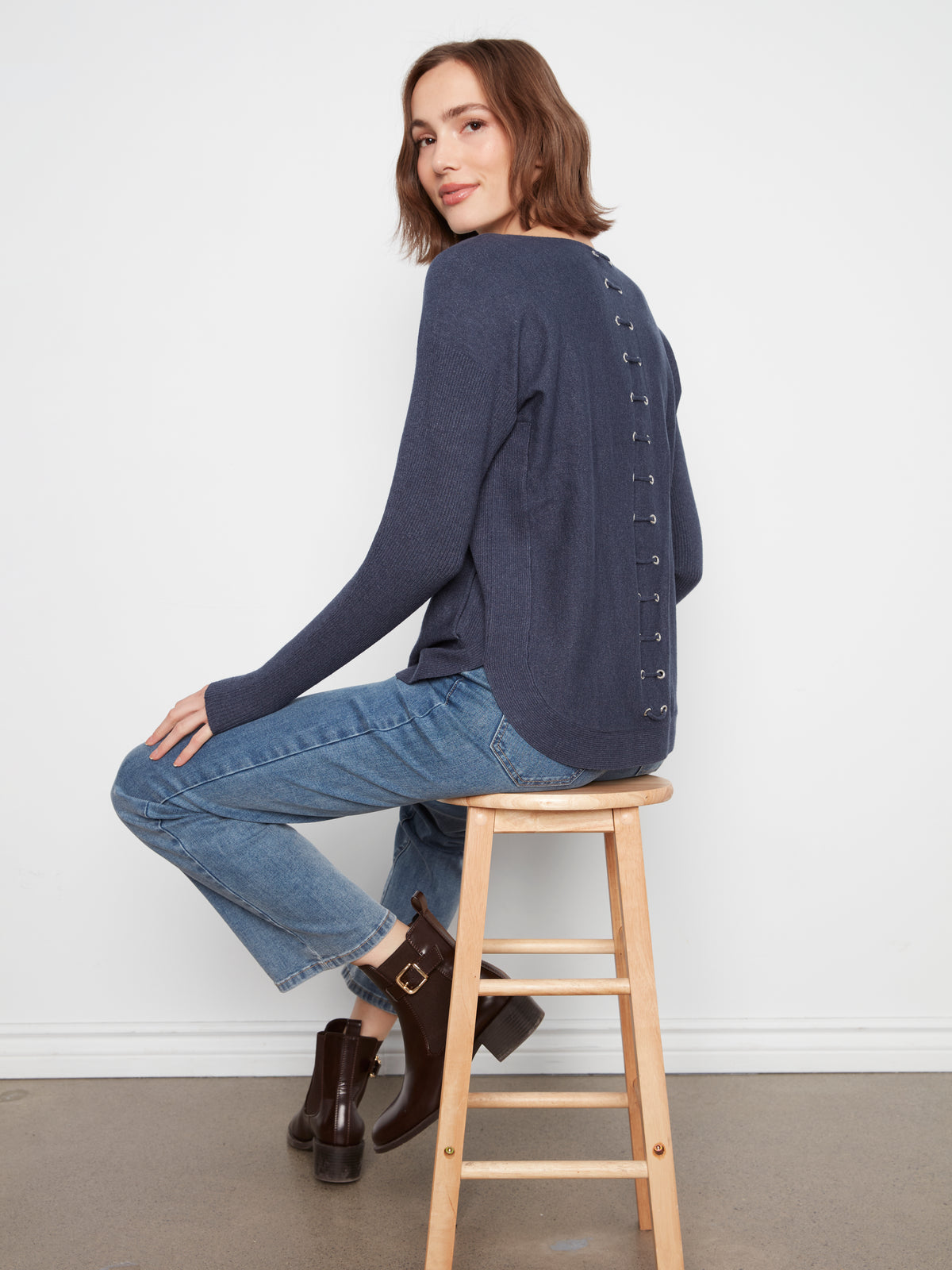 Charlie B Knit Sweater w/Back Lace-Up Detail Heather Denim C2170ZR-464A-011