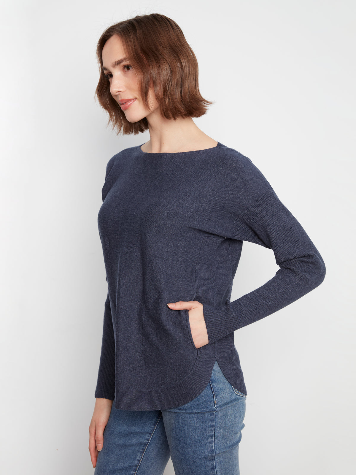 Charlie B Knit Sweater w/Back Lace-Up Detail Heather Denim C2170ZR-464A-011