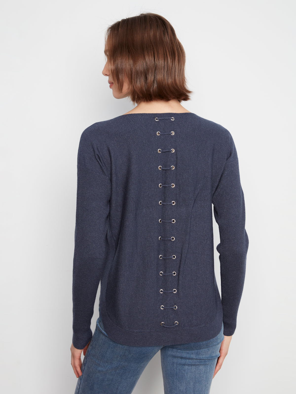 Charlie B Knit Sweater w/Back Lace-Up Detail Heather Denim C2170ZR-464A-011
