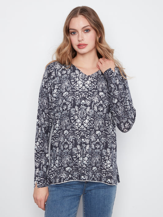 Charlie B Printed Long Sleeve V Neck Sweater Botanical C2279PT-464A-P464