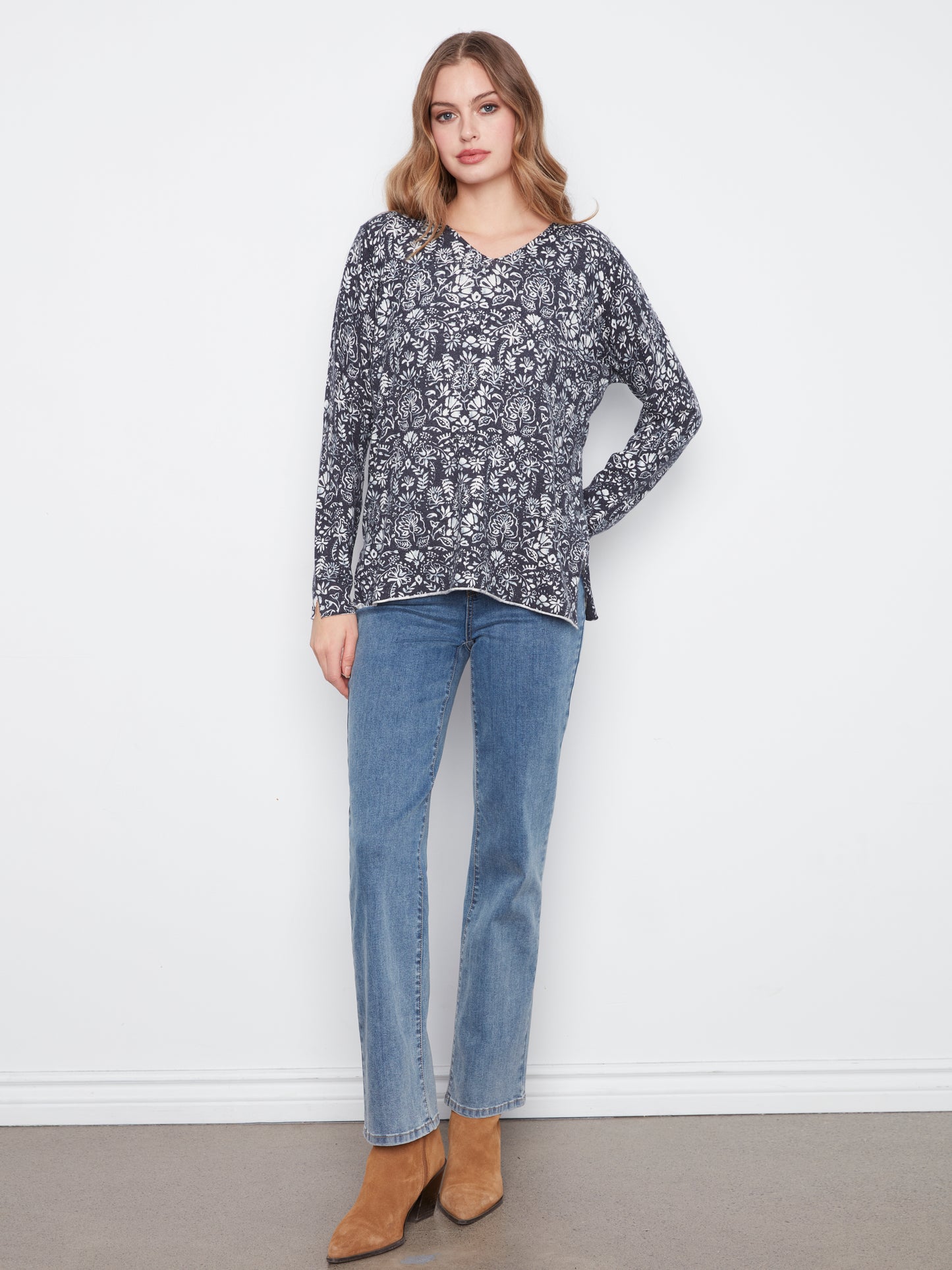 Charlie B Printed Long Sleeve V Neck Sweater Botanical C2279PT-464A-P464
