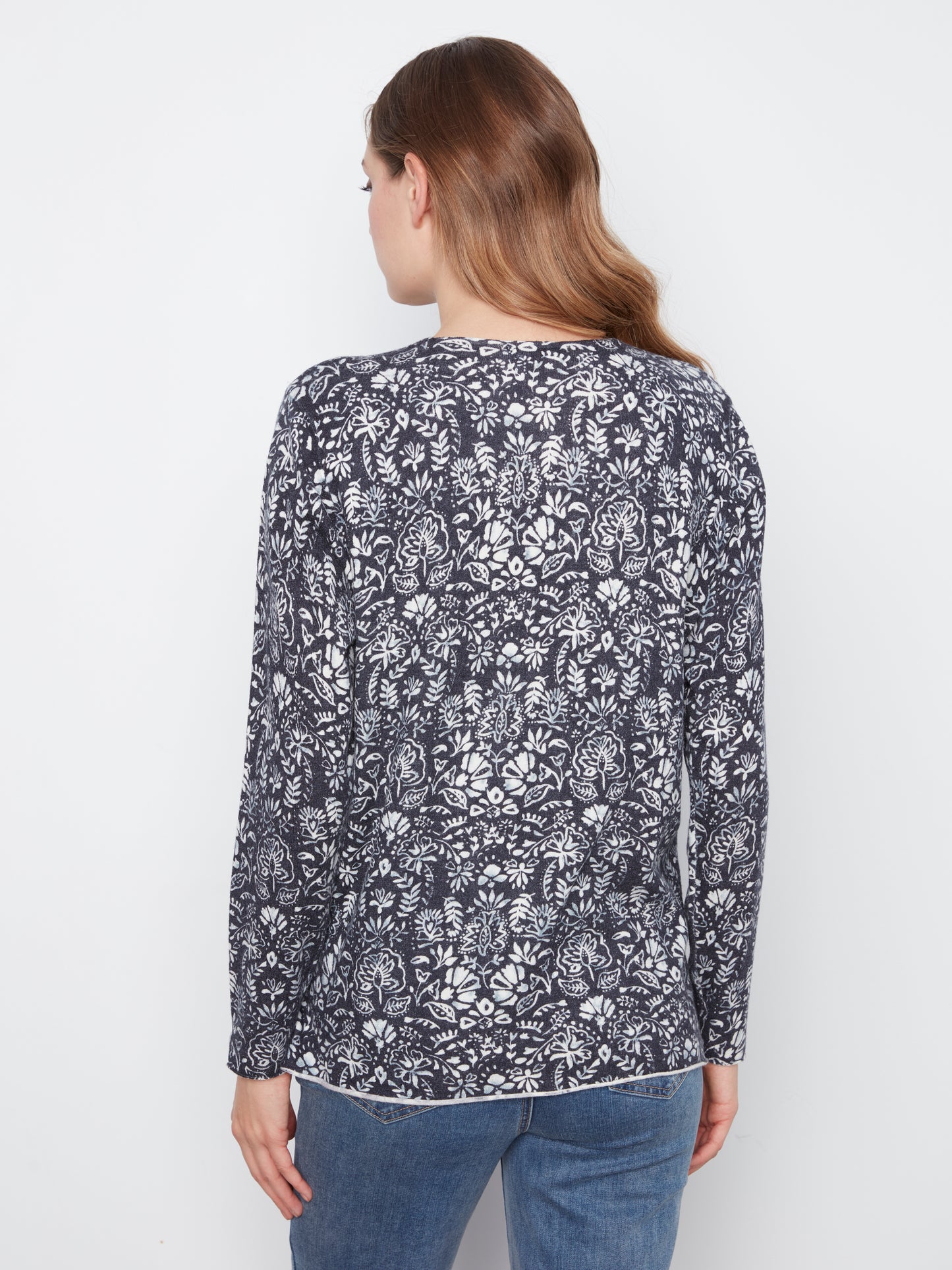 Charlie B Printed Long Sleeve V Neck Sweater Botanical C2279PT-464A-P464