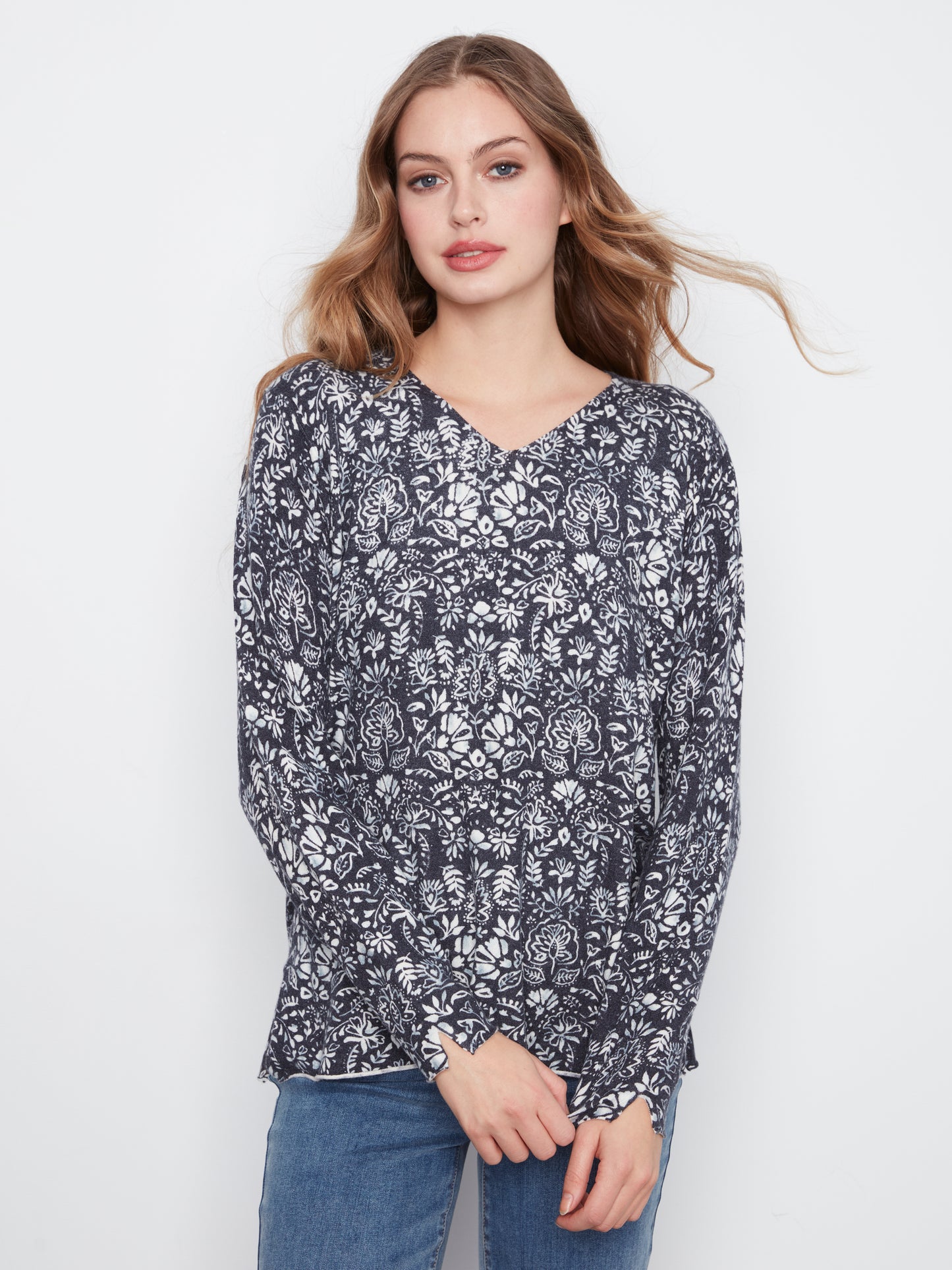 Charlie B Printed Long Sleeve V Neck Sweater Botanical C2279PT-464A-P464