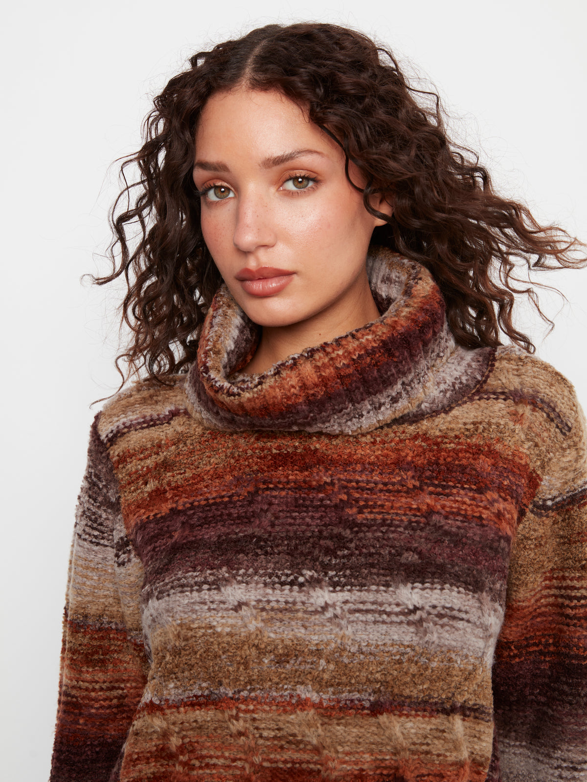 Charlie B Cowl Neck Round Hem Cable Knit Sweater Raisin C2316R-752C-P382