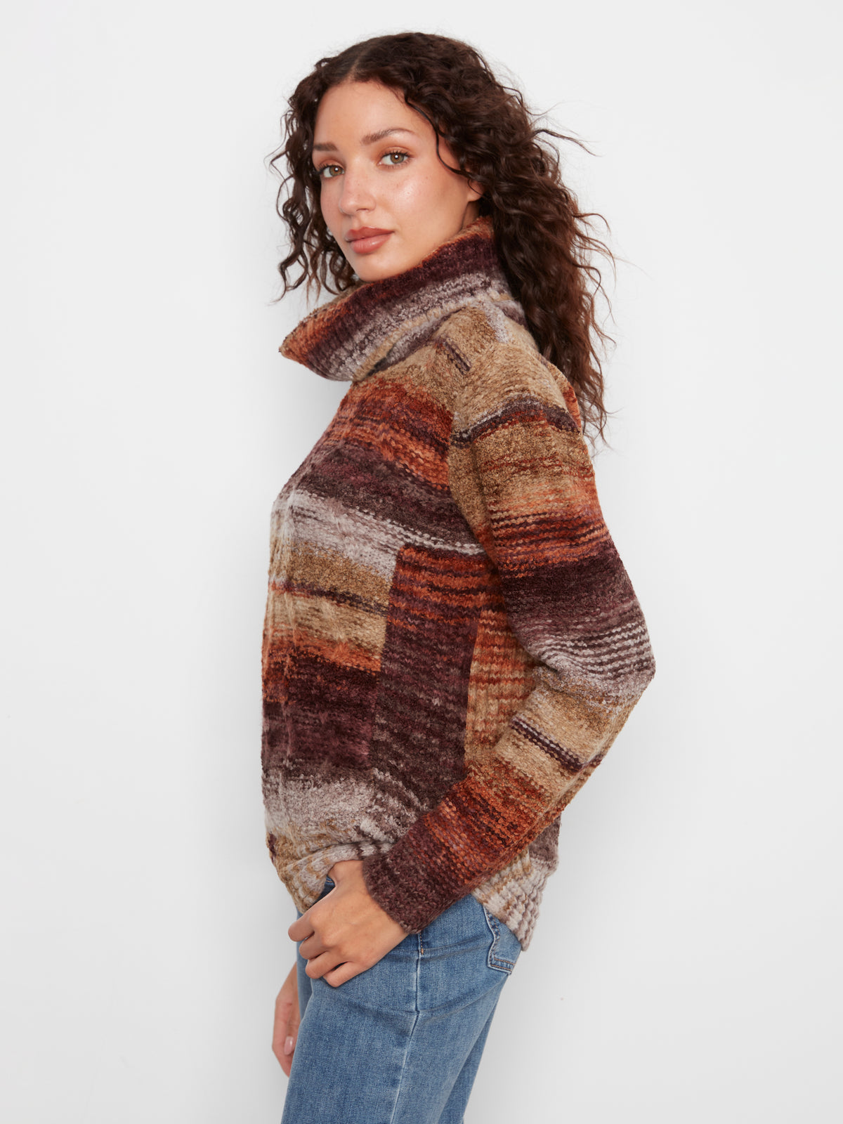 Charlie B Cowl Neck Round Hem Cable Knit Sweater Raisin C2316R-752C-P382