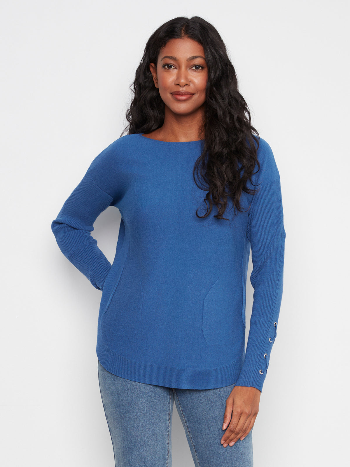 Charlie B Knit Sweater w/Lace-Up Cuffs Cobalt C2380YR-464A-330