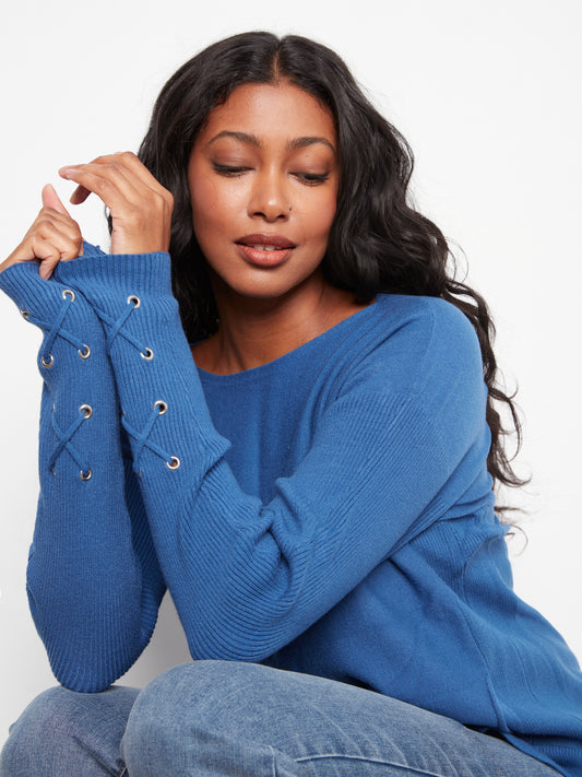 Charlie B Knit Sweater w/Lace-Up Cuffs Cobalt C2380YR-464A-330