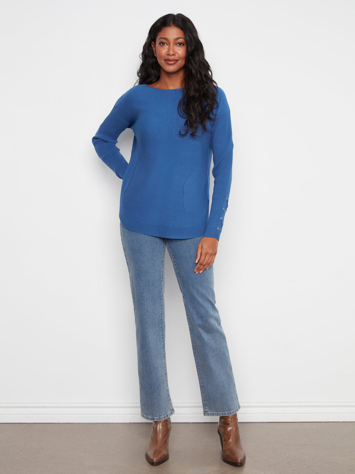 Charlie B Knit Sweater w/Lace-Up Cuffs Cobalt C2380YR-464A-330