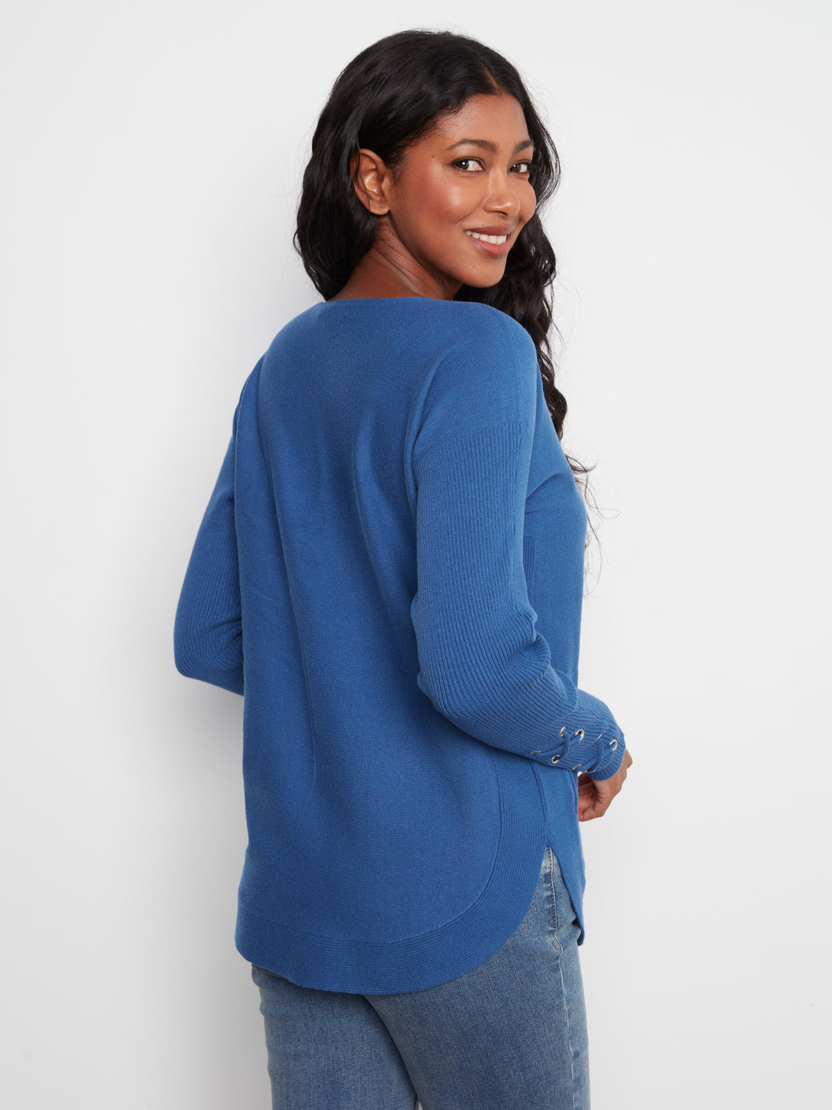 Charlie B Knit Sweater w/Lace-Up Cuffs Cobalt C2380YR-464A-330