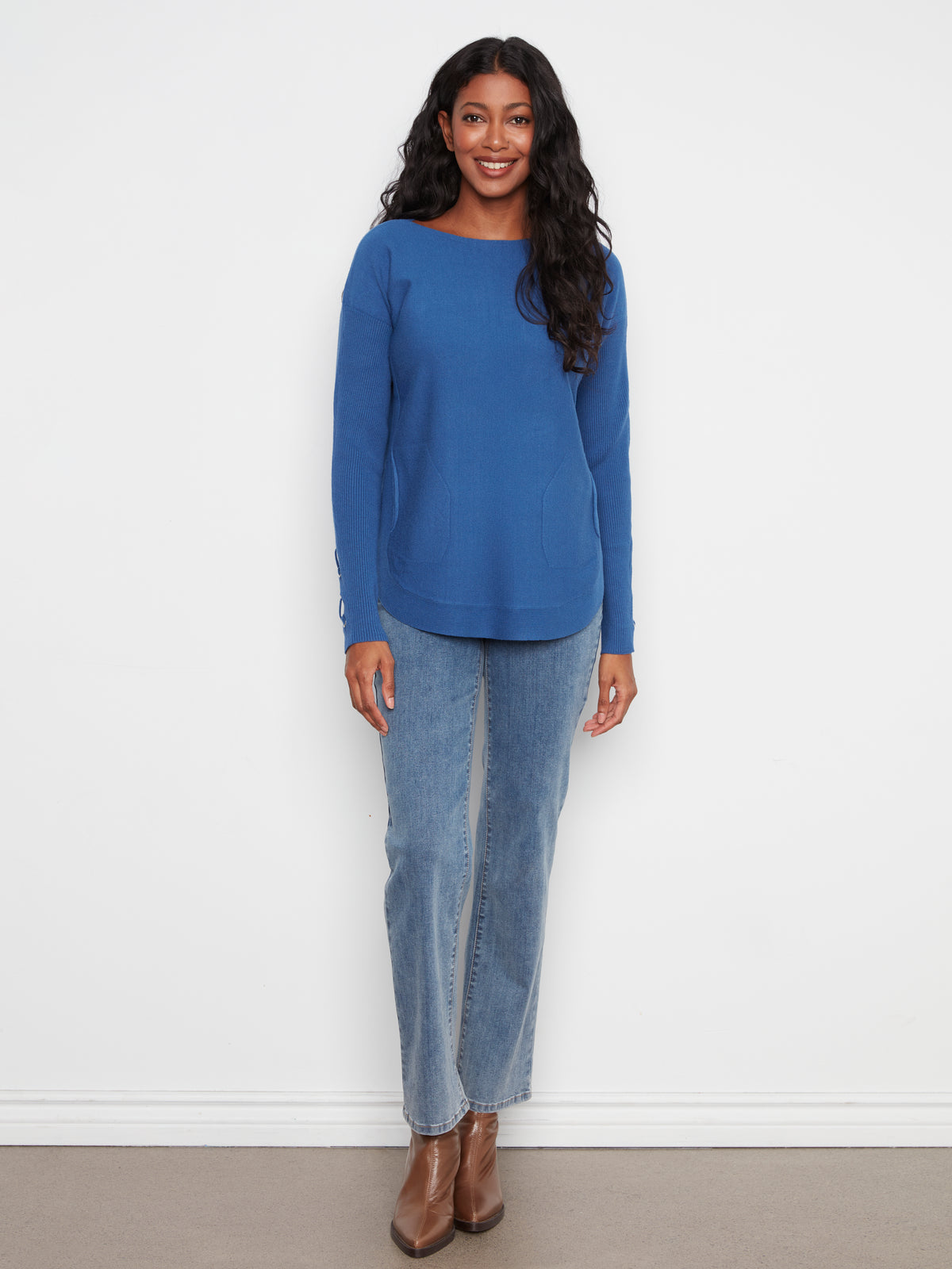Charlie B Knit Sweater w/Lace-Up Cuffs Cobalt C2380YR-464A-330