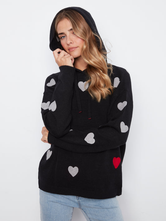 Charlie B Heart Pattern Needle Punch Boucle Hoodie Black C2436YR-736A-P001