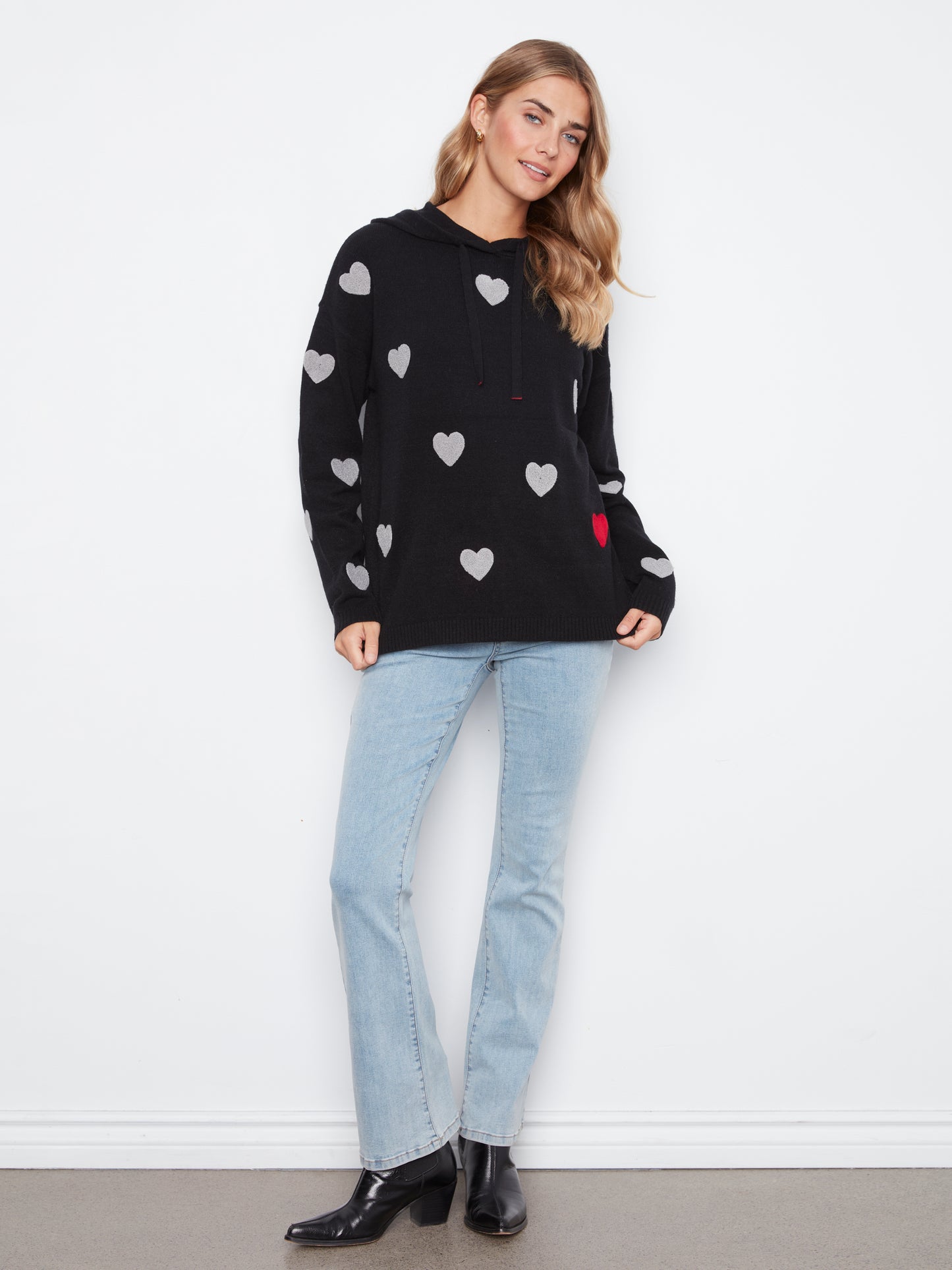 Charlie B Heart Pattern Needle Punch Boucle Hoodie Black C2436YR-736A-P001