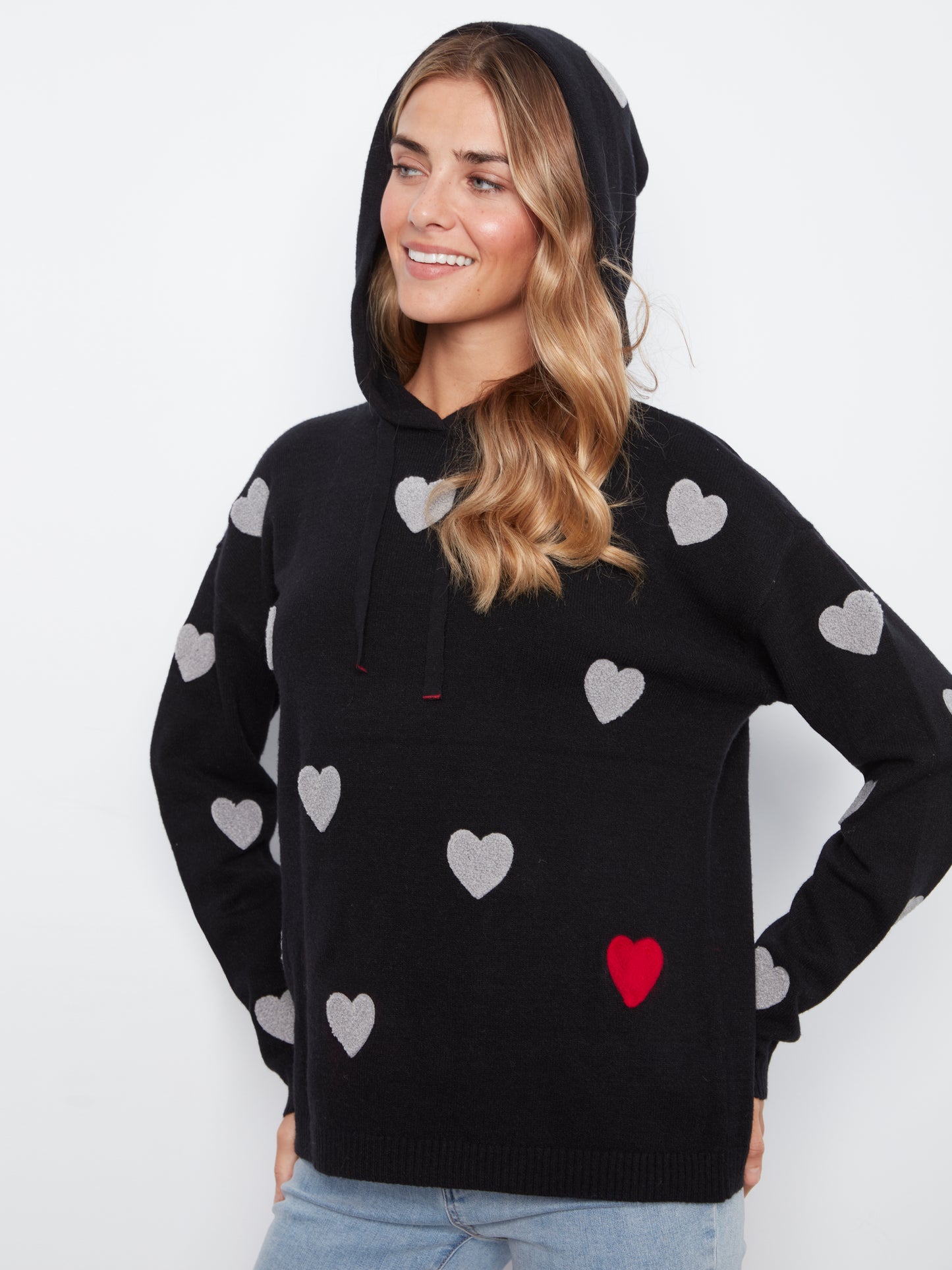 Charlie B Heart Pattern Needle Punch Boucle Hoodie Black C2436YR-736A-P001